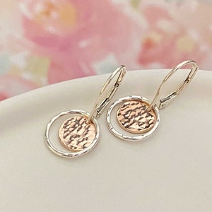 Small Rose Gold Earrings with Sterling Silver Accents, Mixed Metal Jewelry, Dainty Everyday Hammered Circle Leverback Earrings for Women