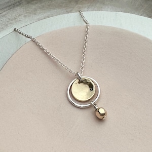 Dainty Mixed Metal Necklace, Silver and Gold, Two Tone, Everyday Handmade Jewelry, Hammered Circle, Coin Disc Pendant, Gift Idea Remy and Me