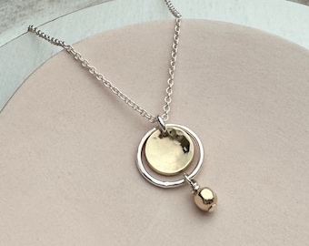 Dainty Mixed Metal Necklace, Silver and Gold, Two Tone, Everyday Handmade Jewelry, Hammered Circle, Coin Disc Pendant, Gift Idea Remy and Me