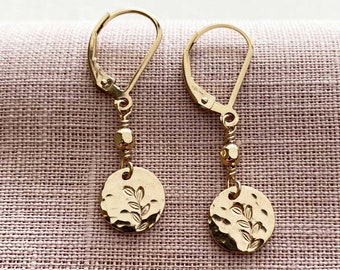 Gold Dangle Earrings on Leverback Earwires • Gold Filled Handmade Jewelry • Small Hammered Coin Drop • Gifts for Her • Remy and Me Jewelry