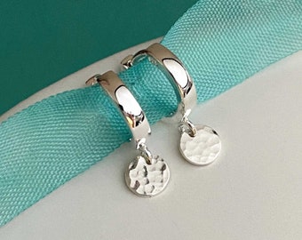 Small Hoop Earrings Silver Huggies with Hammered Charm Dangle Sterling 925 Minimalist Jewelry for Women Handmade Earrings Everyday Earrings