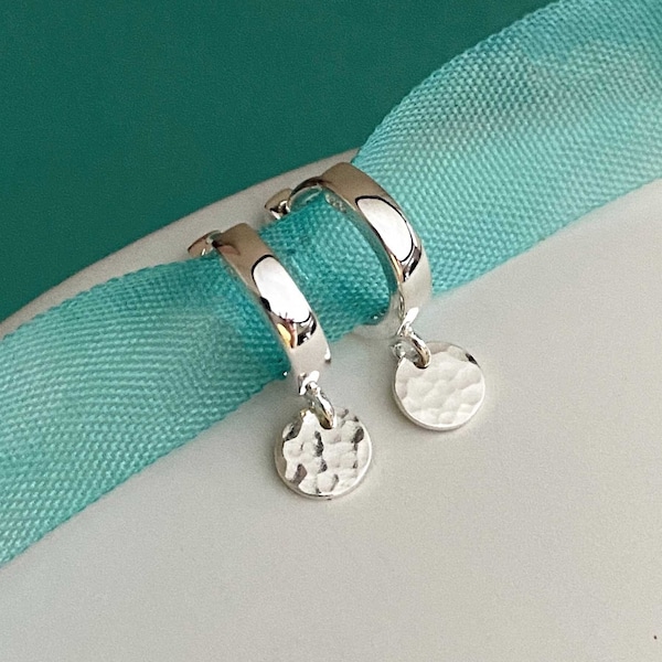 Small Hoop Earrings Silver Huggies with Hammered Charm Dangle Sterling 925 Minimalist Jewelry for Women Handmade Earrings Everyday Earrings