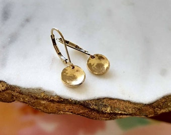 Tiny Hammered Gold Earrings, Simple Gold Leverback Earrings, Small 14k Gold Filled Everyday Dangle Earrings by Remy and Me