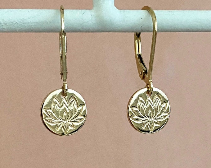 Dainty Gold Lotus Earrings on Lever-back Earwires • Handmade Yoga Jewelry for Women • Small Coin Earrings • Yogi Gifts Under 40  Remy and Me