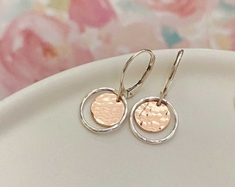 Small Rose Gold Earrings with Sterling Silver Accents, Mixed Metal Jewelry, Dainty Everyday Hammered Circle Leverback Earrings for Women