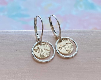 Hummingbird Earrings Dangle, Two Tone, Mixed Metal, Silver and Gold, Leverback Earwire, Handmade Hummingbird Jewelry for Women, Unique Gifts