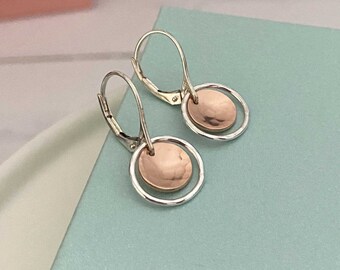 Dainty Rose Gold Earrings, Mixed Metal Handmade Jewelry for Women, Rose Gold Jewelry Small Two Tone Dangle Leverback Earrings Remy and Me