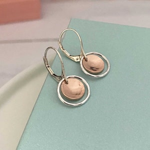 Dainty Rose Gold Earrings, Mixed Metal Handmade Jewelry for Women, Rose Gold Jewelry Small Two Tone Dangle Leverback Earrings Remy and Me