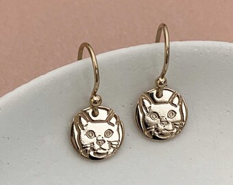 Tiny Gold Cat Earrings Dangle, Handmade Jewelry for Woman, Unique Cat Lover Kitty Face Gifts for Friends Women Mom, Birthday or Christmas