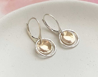 Handmade Circle Earrings, Mixed Metal, Two Tone, Sterling Silver and Gold, Lever-back Earrings, Minimalist Jewelry Christmas Gift for Her