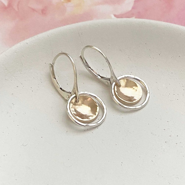 Handmade Circle Earrings, Mixed Metal, Two Tone, Sterling Silver and Gold, Lever-back Earrings, Minimalist Jewelry Christmas Gift for Her