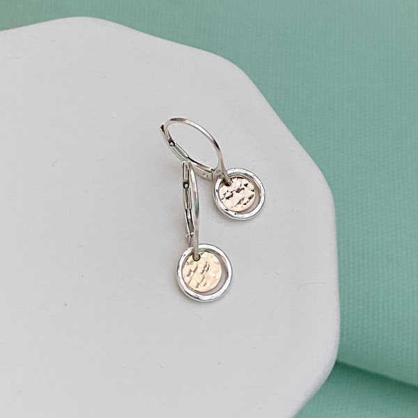 Dainty Earrings Dangle Tiny Mixed Metal Earrings Lever Back Two Tone Handmade Jewelry Earrings Leverback Sterling Silver and Gold Earrings