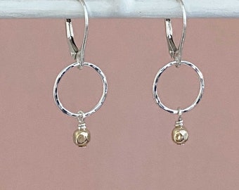 Simple Circle Dangle Earrings, Solid Sterling Silver Leverback Earrings with Gold Accent, Mixed Metal, Two Tone, Hammered Lever-Back Earwire