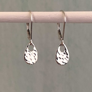 Teardrop Earrings Silver Leverback, Dainty Earrings Dangle, Sterling Silver Jewelry Handmade, Minimalist Hammered Tiny Everyday Jewelry Gift