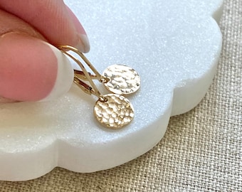 Dainty 14k Gold Filled Hammered Lever Back Earrings, Small Coin Dangle, Minimalist Leverback Earrings, Handmade Jewelry Gifts Under 40