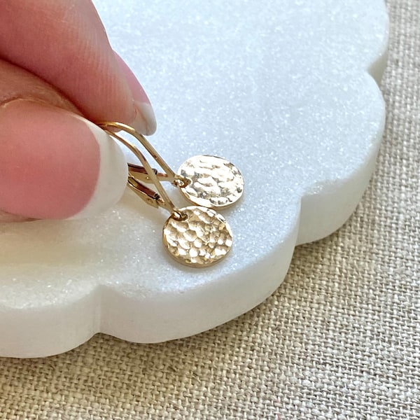 Dainty 14k Gold Filled Hammered Lever Back Earrings, Small Coin Dangle, Minimalist Leverback Earrings, Handmade Jewelry Gifts Under 40