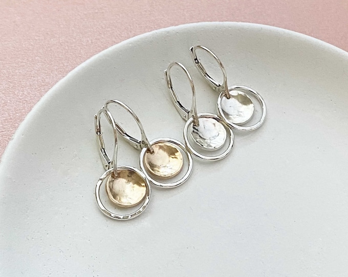 Handmade Dangle Earrings for Women Mixed Metal Jewelry Double Circle Drop on Leverback Earwires, Dainty Hammered Coin and Ring