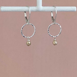 Simple Circle Dangle Earrings, Solid Sterling Silver Leverback Earrings with Gold Accent, Mixed Metal, Two Tone, Hammered Lever-Back Earwire