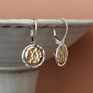 Mixed Metal Dangle Leverback Earrings in Sterling and Gold Filled, Dainty Hammered Drop Lever Back Earrings, Handmade Jewelry by Remy and Me