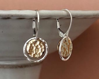 Mixed Metal Dangle Leverback Earrings in Sterling and Gold Filled, Dainty Hammered Drop Lever Back Earrings, Handmade Jewelry by Remy and Me