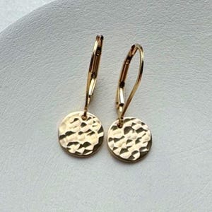 Dainty 14k Gold Filled Hammered Lever Back Earrings, Small Coin Dangle, Minimalist Leverback Earrings, Handmade Jewelry Gifts Under 40