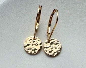Dainty 14k Gold Filled Hammered Lever Back Earrings, Small Coin Dangle, Minimalist Leverback Earrings, Handmade Jewelry Gifts Under 40