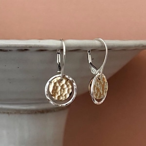 Mixed Metal Dangle Leverback Earrings in Sterling and Gold Filled, Dainty Hammered Drop Lever Back Earrings, Handmade Jewelry by Remy and Me