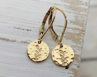 Hammered Gold Earrings / Leaf Nature Inspired Botanical / 14k Gold Fill Leverback / Everyday Lightweight Simple Small Round Dainty Minimal