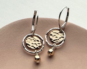 Small Leverback Dangle Earrings, Two Tone, Mixed Metal, Solid Sterling Silver and Gold Filled Jewelry, Dainty Handmade Hammered Drops