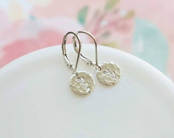 Tiny Silver Dangle Earrings, Leverback Earwires, Hammered with Leaf Design, Botanical Nature Inspired Jewelry, Handmade Earrings for Women