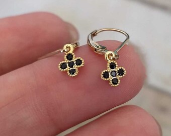 dainty black and gold dangle earrings tiny drop 14k gold fill leverback earwires jewelry gift for her women