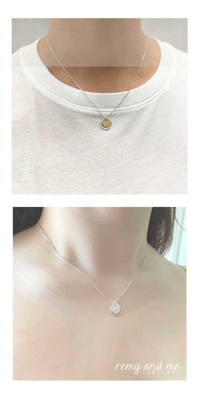 May include: A silver necklace with a small, round pendant. The pendant has a textured surface and a silver border. The necklace is worn against a white t-shirt. The image also shows the necklace on a person's neck.