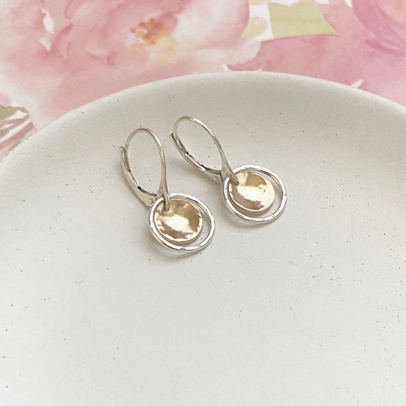 Handmade Circle Earrings, Mixed Metal, Two Tone, Sterling Silver and Gold, Lever-back Earrings, Minimalist Jewelry Christmas Gift for Her