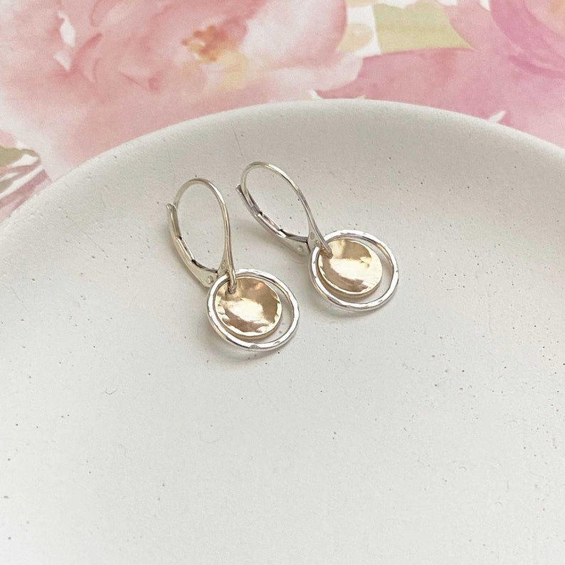 Handmade Circle Earrings, Mixed Metal, Two Tone, Sterling Silver and Gold, Lever-back Earrings, Minimalist Jewelry Christmas Gift for Her image 1