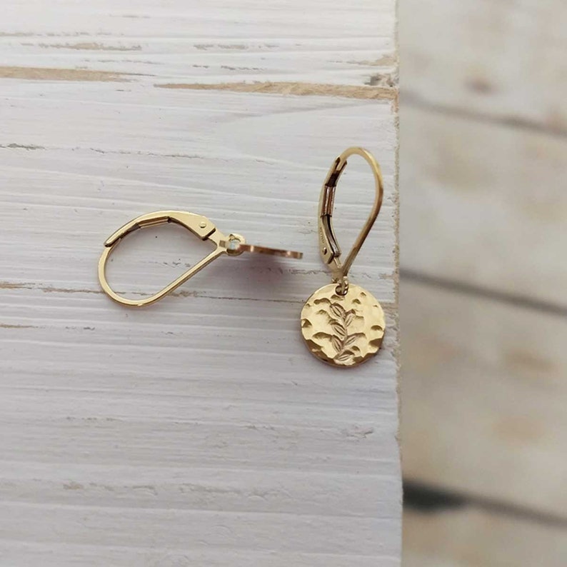 Hammered Gold Earrings / Leaf Nature Inspired Botanical / 14k Gold Fill Leverback / Everyday Lightweight Simple Small Round Dainty Minimal image 3