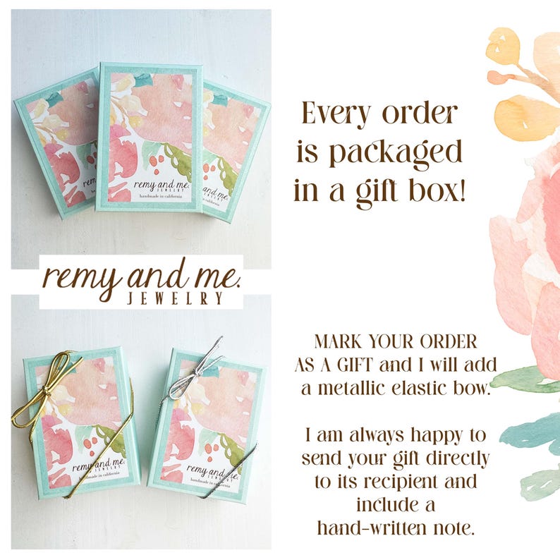 May include: Several small jewelry boxes with floral designs and the text "remy and me." Some boxes are tied with gold or silver elastic bows. The text states that every order is packaged in a gift box.