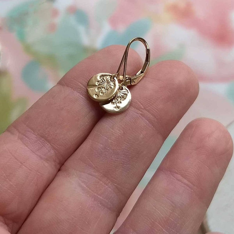 Small Dandelion Earrings, Gold Dandelion Wish Jewelry, Dangle Earrings, Gift for Mom, Unique Handmade Gift for Her, Gift Under 35 image 1