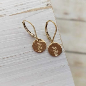 Hammered Gold Earrings / Leaf Nature Inspired Botanical / 14k Gold Fill Leverback / Everyday Lightweight Simple Small Round Dainty Minimal image 5