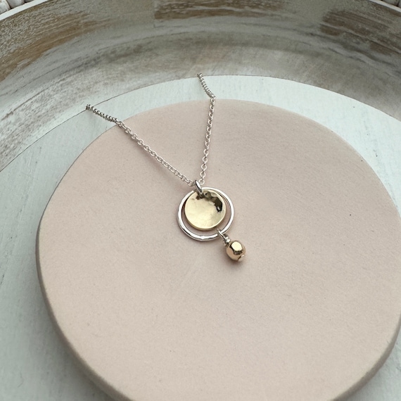 Dainty Mixed Metal Necklace, Silver and Gold, Two Tone, Everyday Handmade Jewelry, Hammered Circle, Coin Disc Pendant, Gift Idea Remy and Me