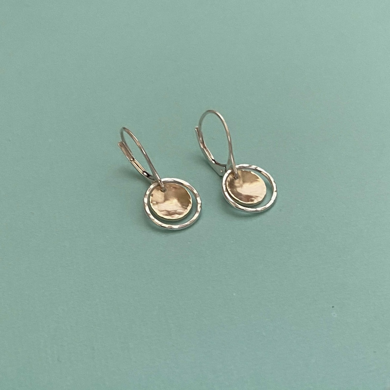 Handmade Circle Earrings, Mixed Metal, Two Tone, Sterling Silver and Gold, Lever-back Earrings, Minimalist Jewelry Christmas Gift for Her image 6