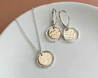 Mixed Metal Jewelry Set Necklace and Earrings, Handmade Jewelry Gift Unique, Dainty Leverback Earrings Hammered Pendant, Simple Everyday