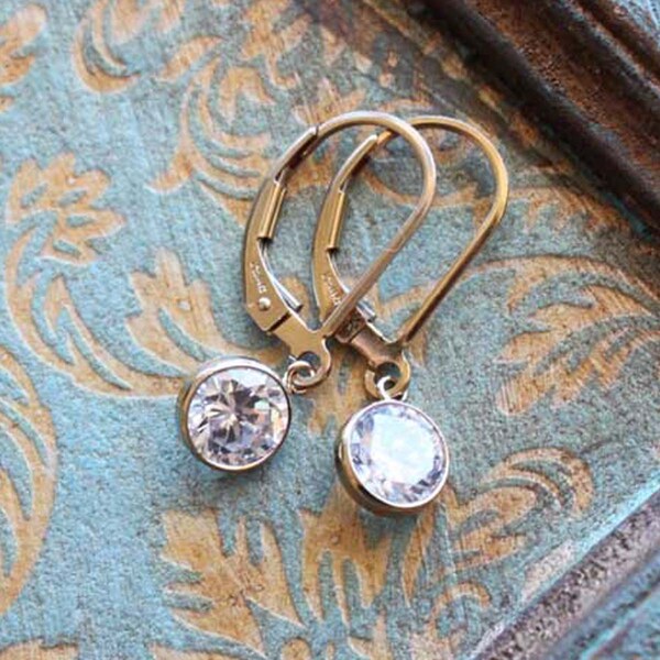 CZ Gold Earrings, Drop Earrings, Simple Dangle Earrings, Leverback Cubic Zirconia Everyday Jewelry 14k Gold Fill Dainty Gift for Her
