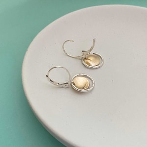 Handmade Circle Earrings, Mixed Metal, Two Tone, Sterling Silver and Gold, Lever-back Earrings, Minimalist Jewelry Christmas Gift for Her image 5