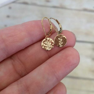 Hammered Gold Earrings / Leaf Nature Inspired Botanical / 14k Gold Fill Leverback / Everyday Lightweight Simple Small Round Dainty Minimal image 6