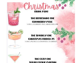 Könnte beinhalten: Eine Weihnachtskarte mit Cocktail-Illustrationen. Das Menü zeigt Cranberry Mule, Christmas French 75 und Sugar Cookie Martini. Der Hintergrund ist rosa mit grünen Akzenten.