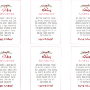 Könnte beinhalten: Sechs druckbare Geschenkanhänger mit rosa Hintergrund und floralem Design. Die Anhänger zeigen den Text "Holiday Simmer Pot" und Anweisungen zum Herstellen eines Schmortopfs mit Orangenscheiben und Gewürzen. Der Text "Happy Holidays!" befindet sich am unteren Rand jedes Anhängers.