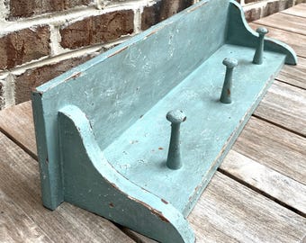 Vintage Blue Painted Farmhouse Wall Shelf with Pegs