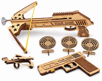 Pistola de juguete con nombre personalizado, ballesta de madera, ballesta de goma con objetivos, pistola de goma de madera para armar, pistola de juguete personalizada para niños.
