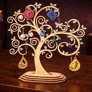 Puede incluir: Un expositor de pendientes de madera con forma de árbol, con varios pendientes colgando de sus ramas. Los pendientes incluyen perlas, una gema azul y formas de lágrima doradas. El expositor está sobre una superficie de madera oscura.