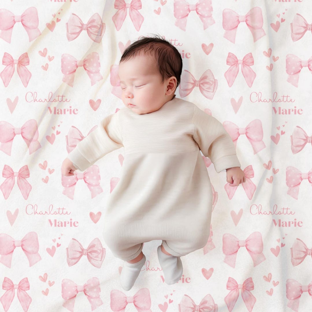 Personalized Pink Bow and Hearts Baby Girl Blanket, Baby Shower Gift ...